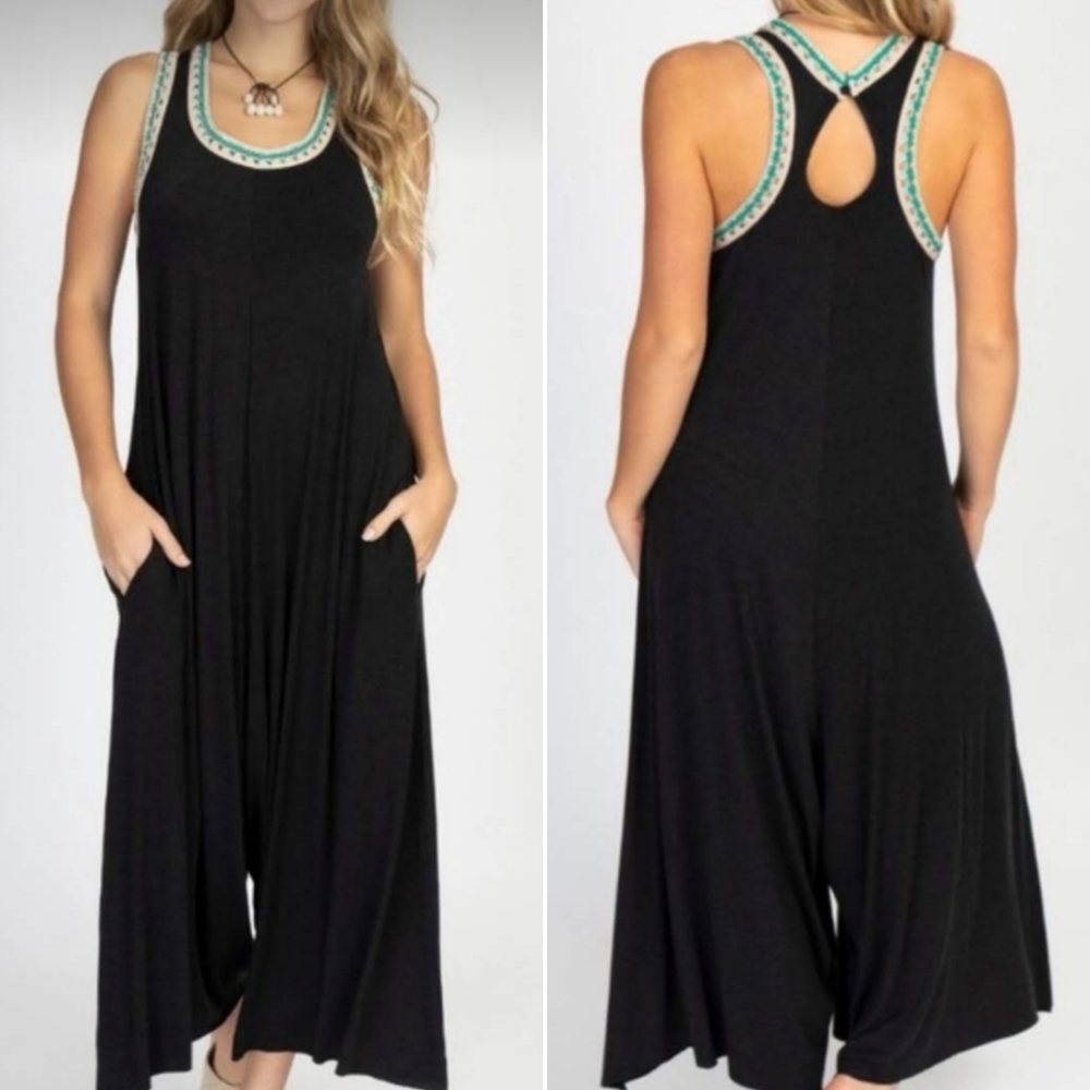 NATURAL LIFE Crochet Trim Wide Leg Racerback Jumpsuit NWT Sz M